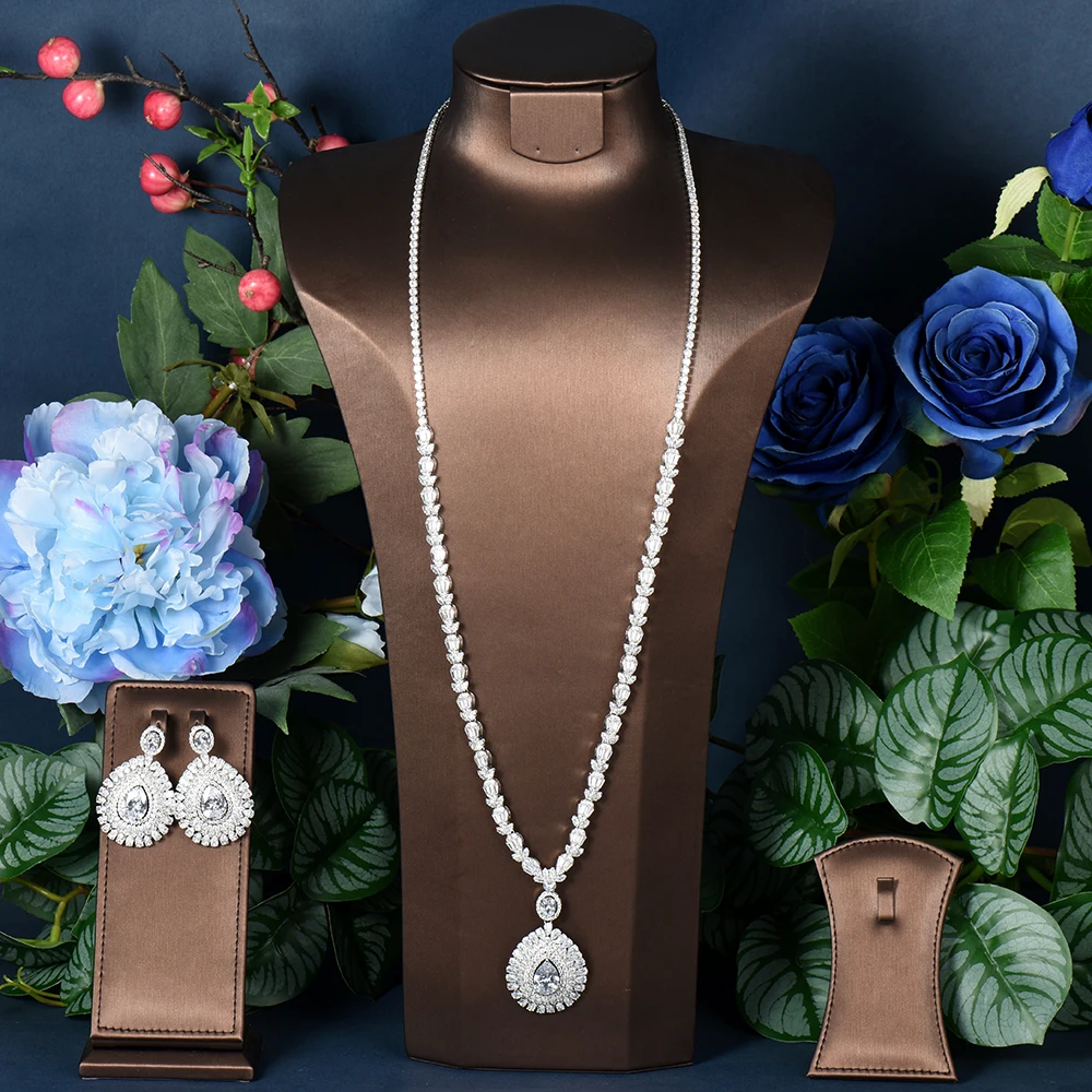 

HIBRIDE Long Sweater Chain Zirconia Full Jewelry Sets For Women Bridal Party CZ Water Drop Wedding Accessories N-1497