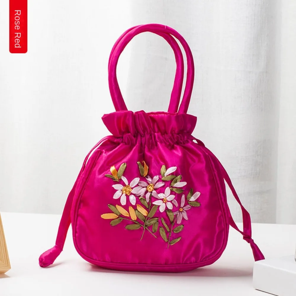 Small Women Bucket Bag Top Handle Ladies Handbag Phone Bag Summer Purse National Style Embroidered Flower Pattern Drawstring Bag