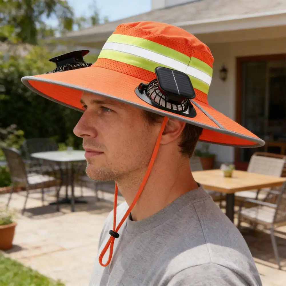 Picture 6: Sun Hat with Double Solar Fans High-Gloss Reflective Strips Safety Warning Oversized Brim Full Face UV Protection Bucket Hat Coo