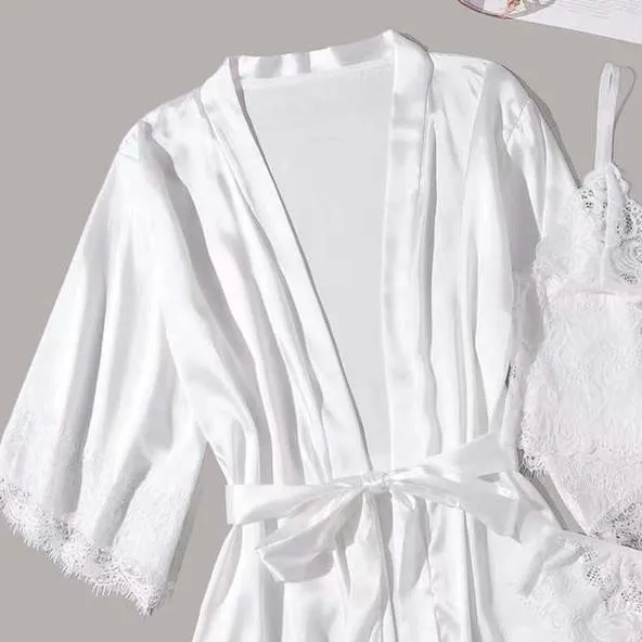 Women's 4-Piece Pajama Set, White Lace Ice Silk Cami Shorts Bathrobe Sleepwear, Pure Color Homewear Loungewear, Soft Cozy Sexy