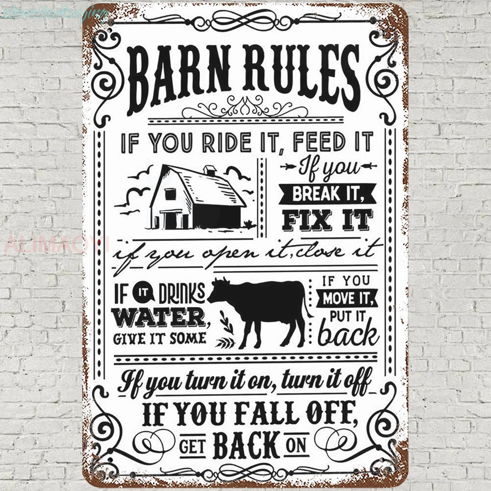 Vintage Metal Tin Sign 8x12, Barn Rules Wall Art Decor, If You Ride It Feed Cow Vintage Barn Farm Poster for Home Living Ro sign