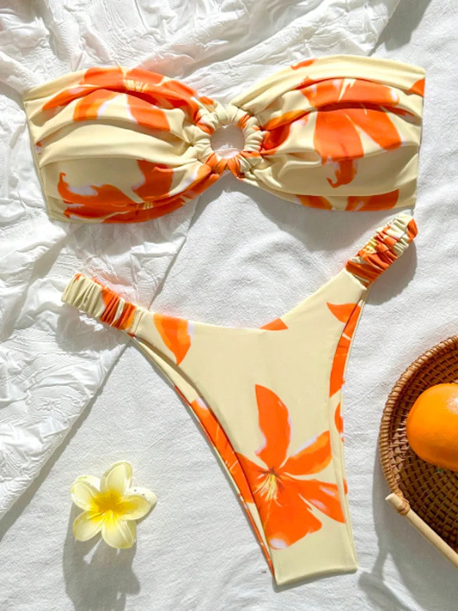 

Floral Printed Wrinkled Bandeau Bikini Female Swimsuit Women Swimwear Two-pieces Bikini Set High Cut Bather Bathing Suit Swim