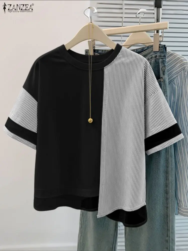 

2025 Summer Stripe Blouse ZANZEA Stylish Women Short Sleeve Patchwork Tops Elegant Office Work Shirt Casual O Neck Blusas Tunic