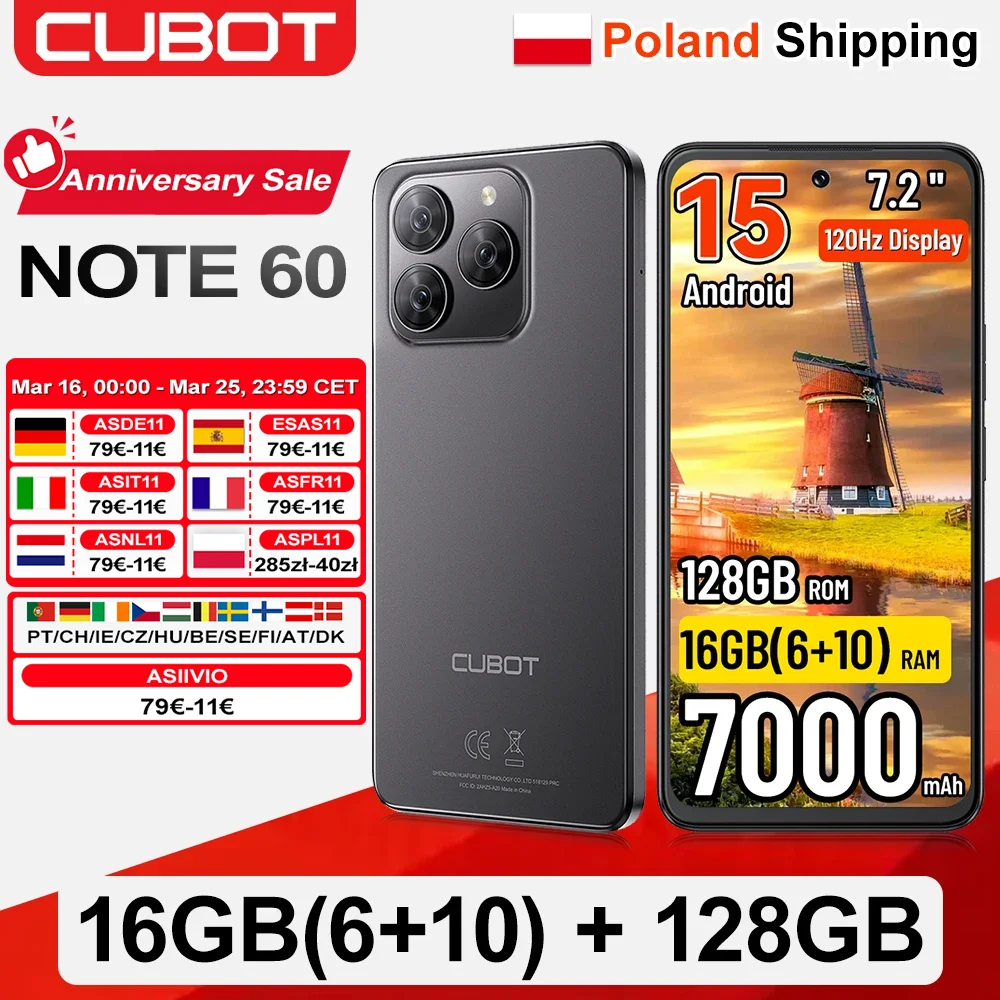 [Envío desde Polonia] Cubot Note 60, Teléfono Inteligente Android 15, Pantalla de 7.2'' 120Hz, 16GB (6+10GB) de RAM, 128GB de ROM, Cámara de 48MP, Batería de 7000mAh