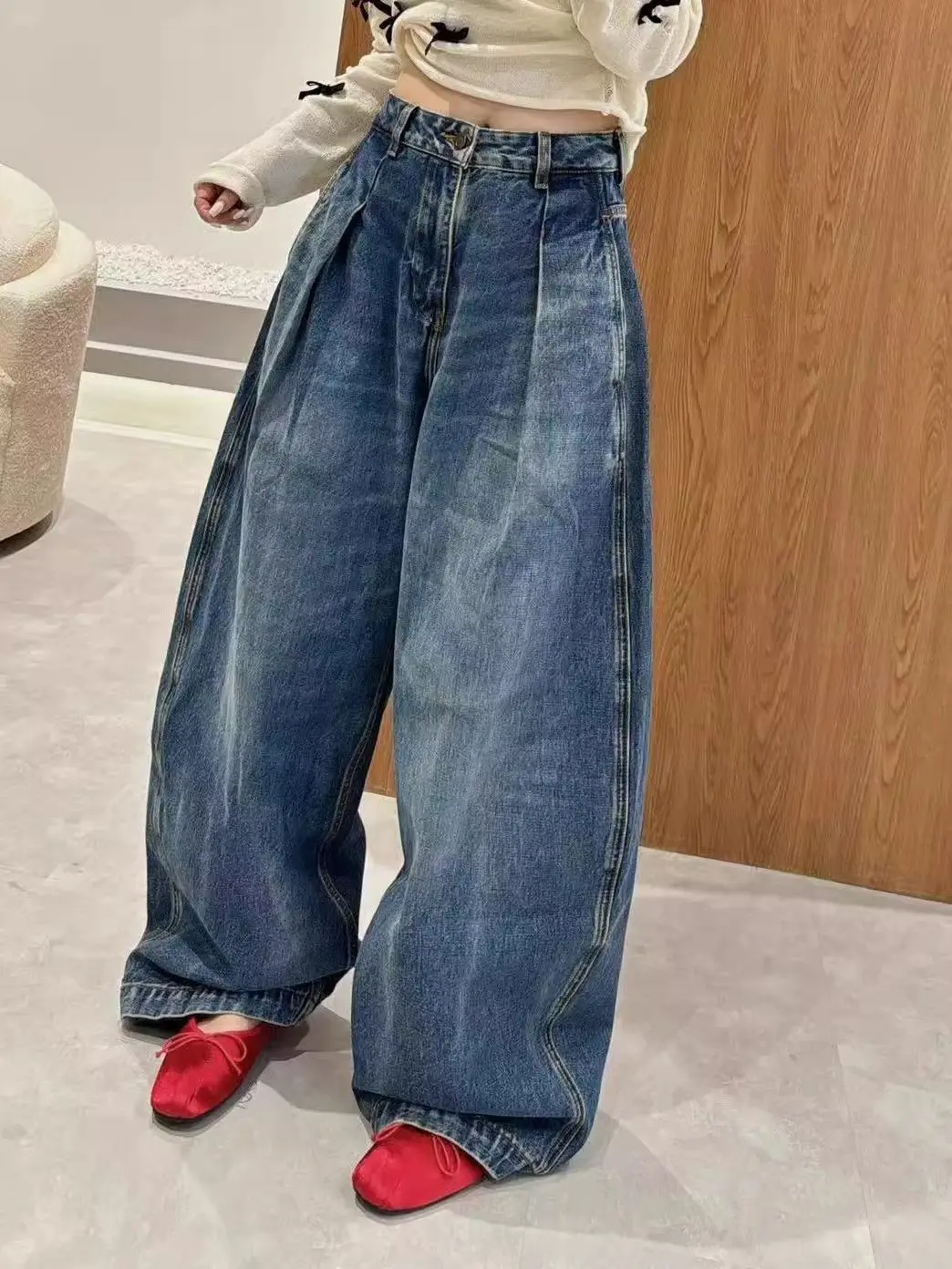 American Retro Washed Curved Knife Floor Length Pants For Women In Plus Size, High Waisted Pleated Wide Leg Denim Pants