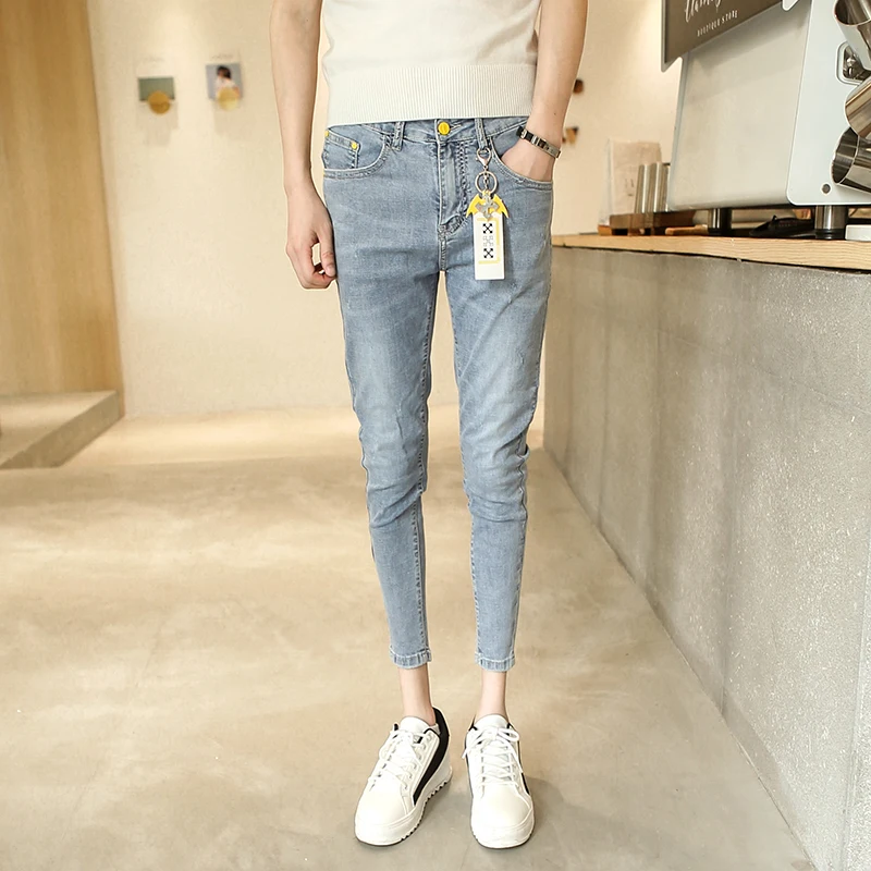 

Slim Fit Pure Color Jeans Men's Small Size 27 Inch Low Waist Casual Spring Autumn Cotton Denim Pants Trendy Youth Style