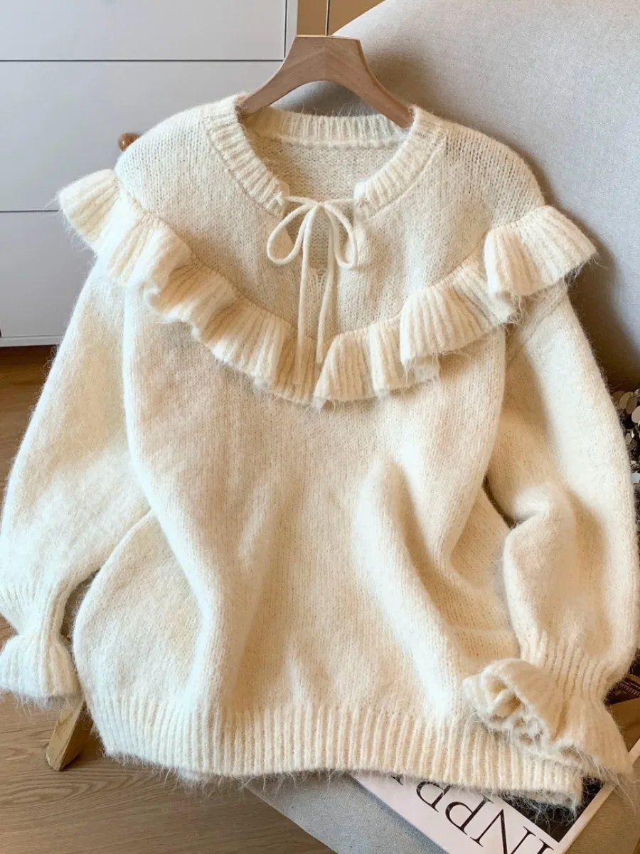 Korean Sle Gentle Ruffle Sve Knitted Sweater Women's Autumn Winter New Loose Lazy Sle Knitwear Self-Kee Model