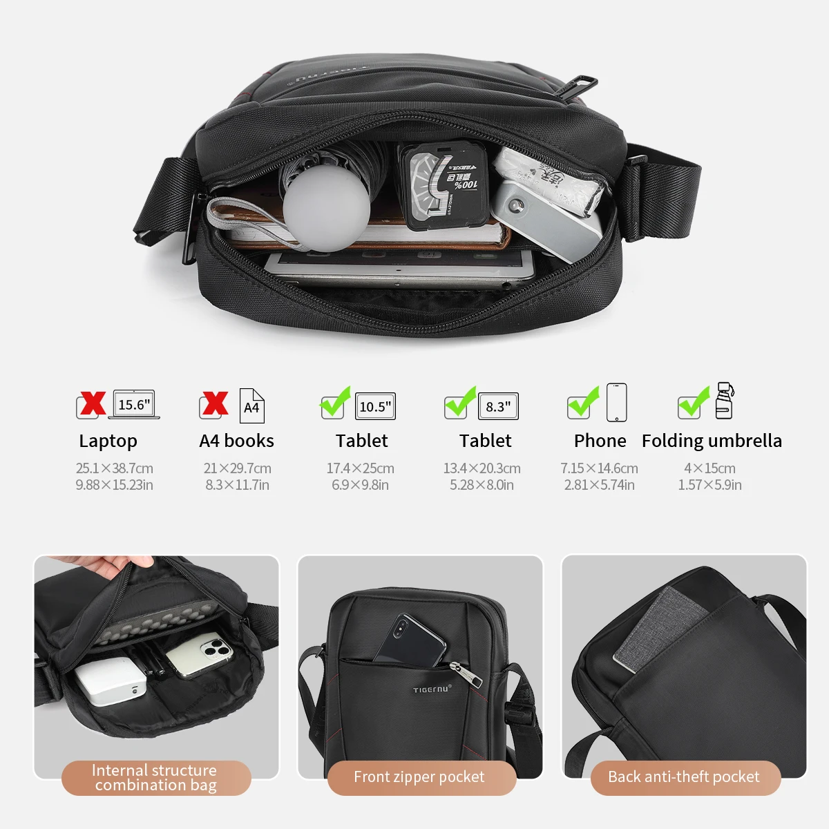Marca Tigernu, bolso de hombro para hombre, bolso de mensajero para hombre, 10 pulgadas, bolsos de hombre negros, bolsos cruzados, Bolso pequeño,