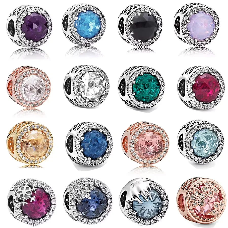 Hot DIY Charm Jewelry Sparkling Round Dark Blue Pink Sea Green Rose Gold Beads Fit Original 925 Sterling Silver Pandora Bracelet