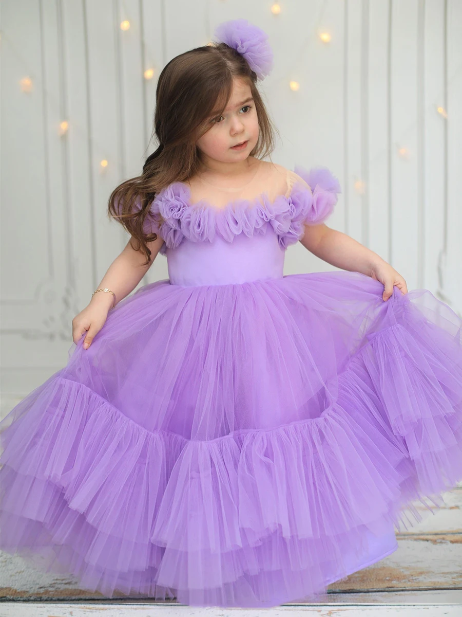 

Multi Layers Pageant Dresses For Baby GIrls Satin Bowknot Pleated Tulle Floor Length Wedding Flower Girl Dress A-Line Paty Gowns