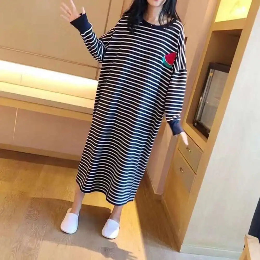 Plus size 5XL 140KG Autumn Long Night Dress Long Sleeve Women O-Neck Cartoon Printed Sleepwear Casual Oversized Home Dress