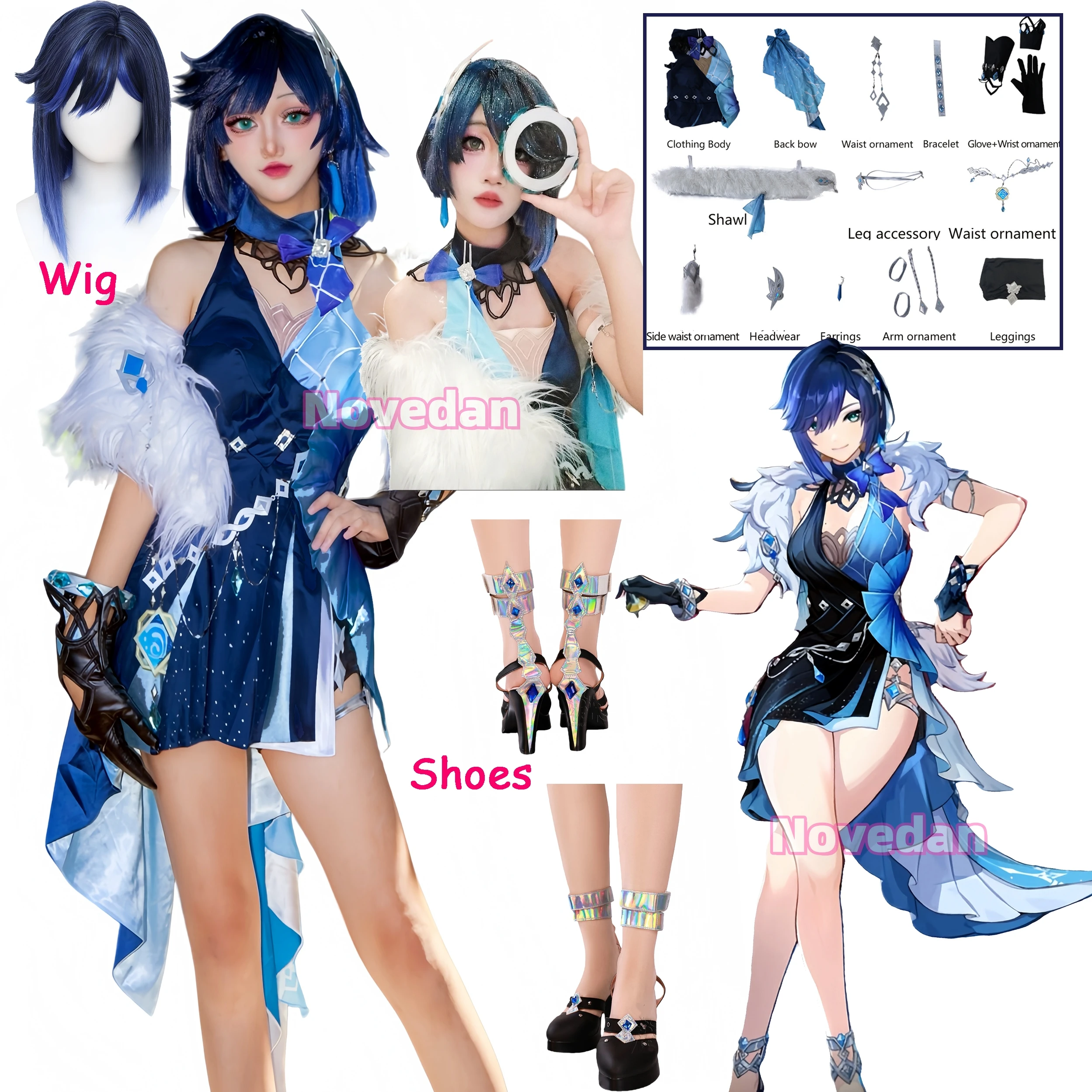 Ruhiges Bankett Yelan Cosplay Kostüm Spiel Genshin Impact Yelan Ruhiges Bankett Cosplay Frauen Kleid Outfit Perücke Schuhe Komplettset