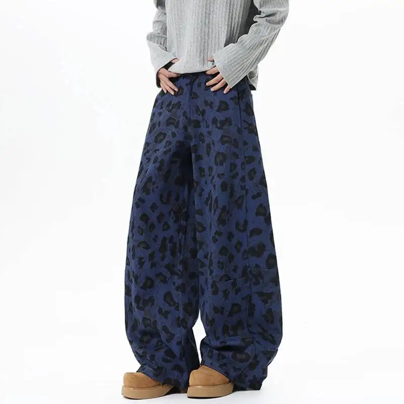 Niche Design Men's Jeans Leopard Print Contrast Color Casual Wide Leg Bottom Straight All-match Male Denim Pants 9X5W4U