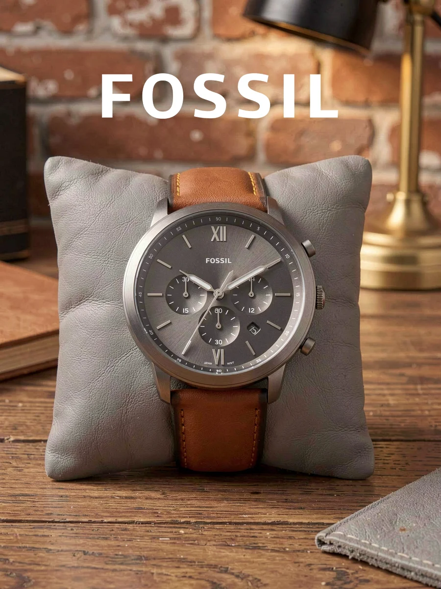 FOSSIL FS5512 Men Chronograph Quartz Watch Grey Roman Dial Brown Leather Strap For Urban Business Anniversary Gift