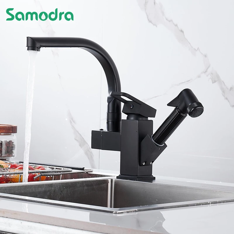 kitchen Sink Faucet Black Deck Mounted Flexible Pull Out Mixer Tap Hot Cold Kitchen Faucet Spring Spout Chrome Silver Faucet