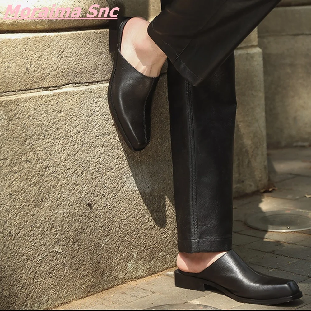 New Casual Leather Slipper Concise Man Slipper Summer Square Toe Unique Black Solid Daily Patchwork Sewing Comformtable Shoes