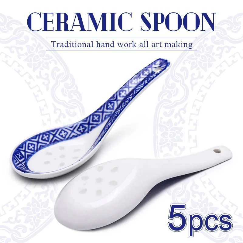 5Pcs Ceramic Spoon Multi-Function Chinese Style Scoop Porridge Spoon Tableware Spoon Soup Spoon For Home Restaurant Cooking Tool