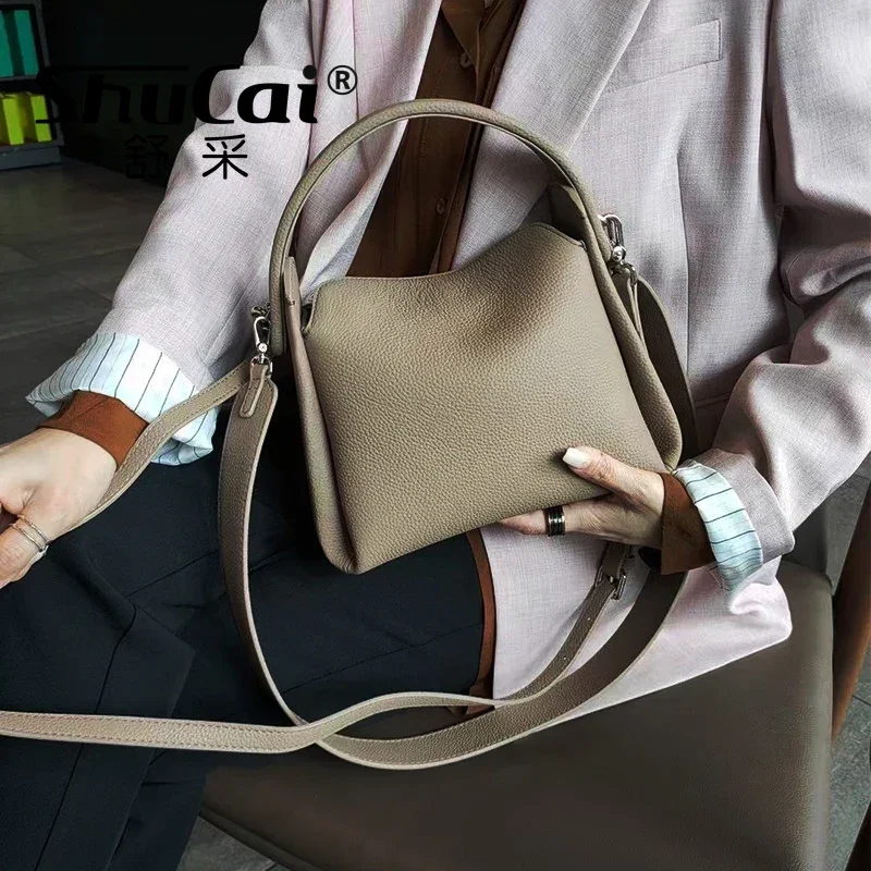 Togo Cowhide Leather Tote Wide Straps Female Shoulder Crossbody Bag Grey Black Doctor Bag Luxury Designer Girl Handbag 2025 New