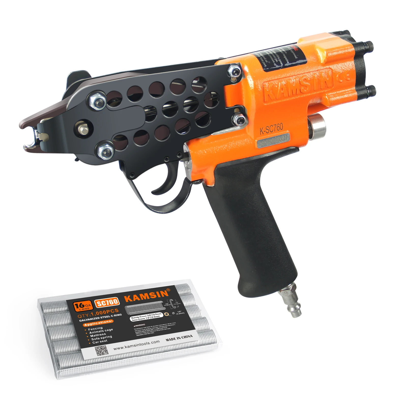 K-SC760 16 Gauge Pneumatic C-Ring Gun, Nail gun with 1000PCS Staples Air Hog Ring Gun Hog Ring Plier for Bird Cages