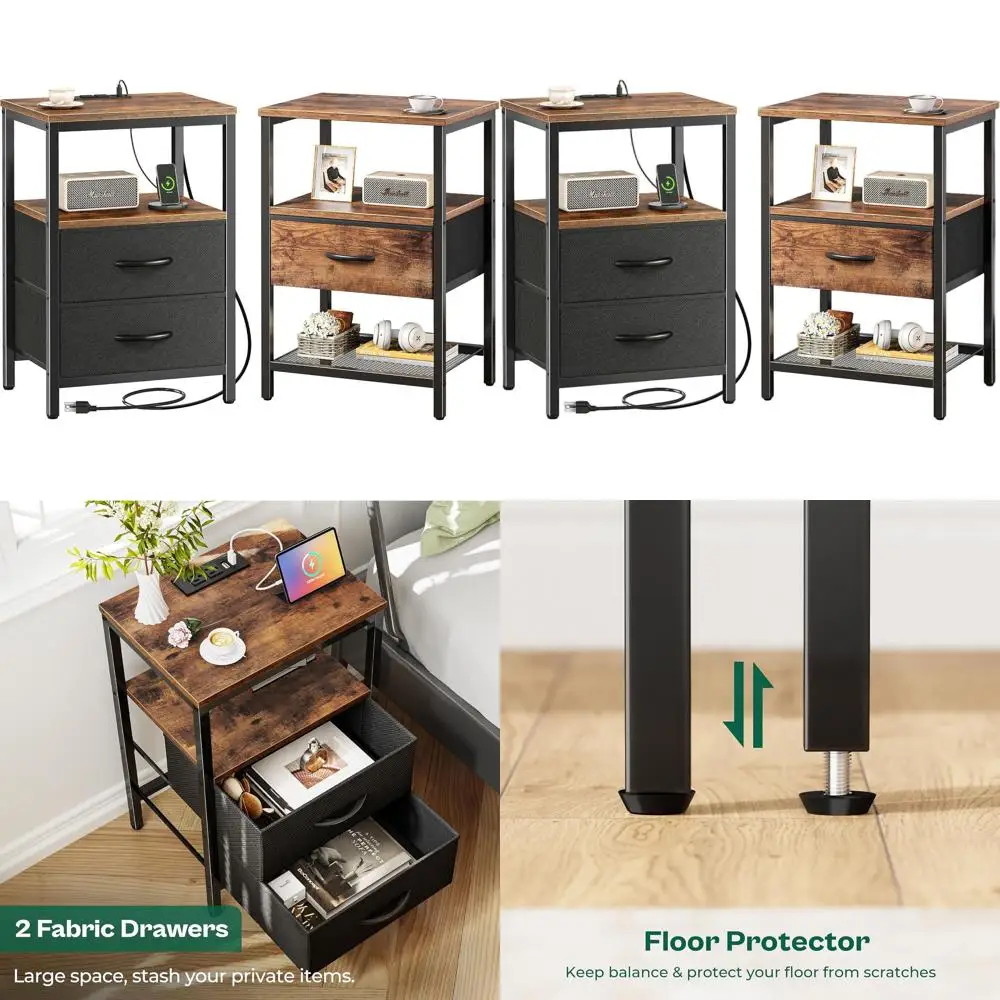 

Fabric Drawer Nightstand with Charging Station