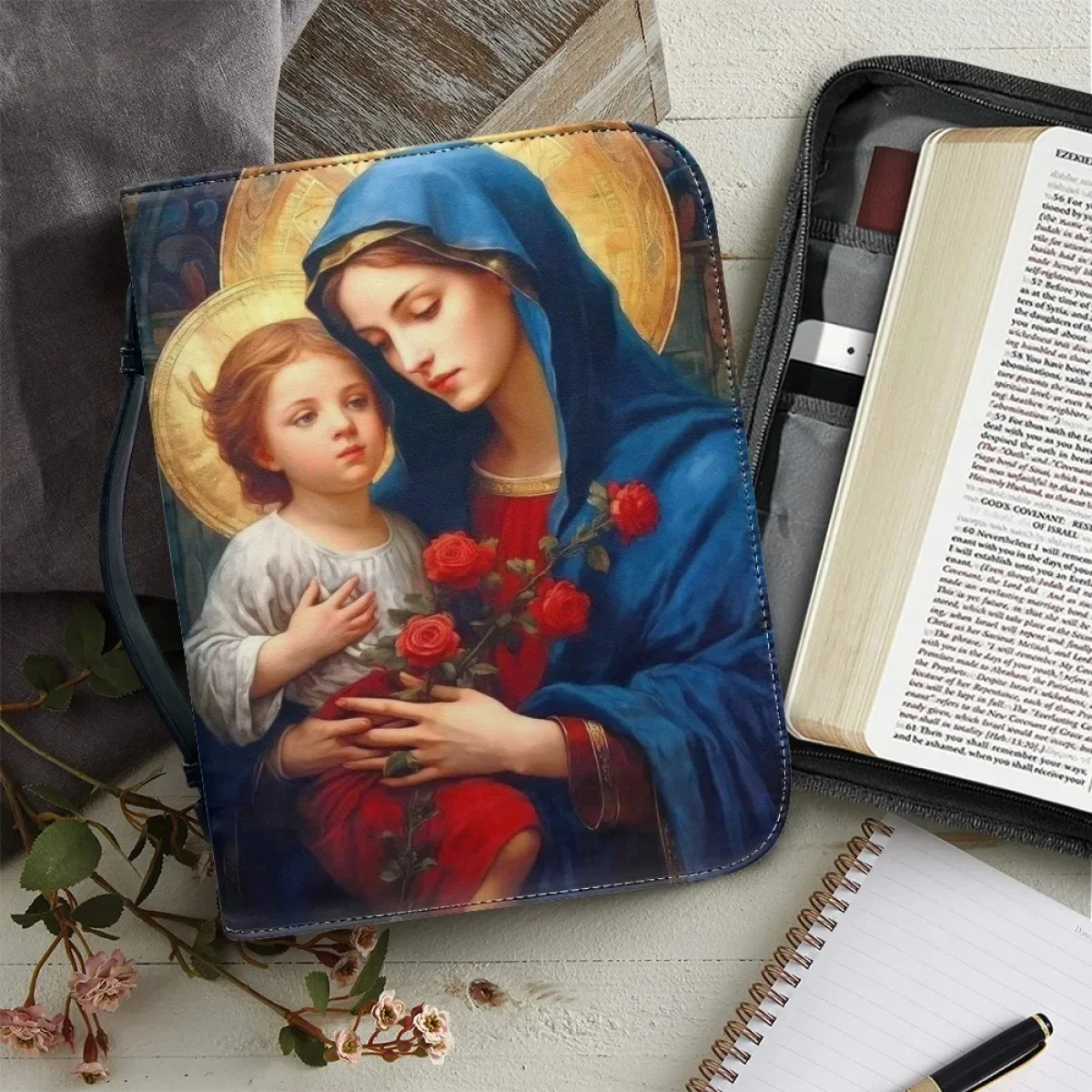 

Virgin Mary Pattern New Christian Print Bible Cover Case Hot Women's Leather Handbags Bible Study Book Holy Storage Boxes