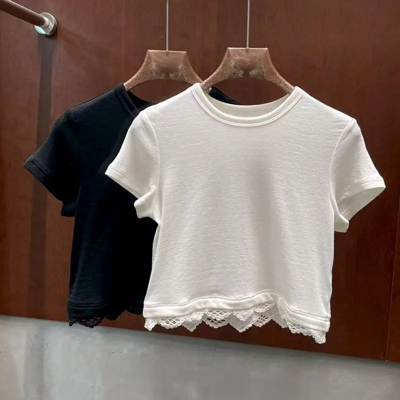 Design-inspired lace-embroidered short-sleeved T-shirt for women, 2026 new style, high-end, slim-fitting, unique top