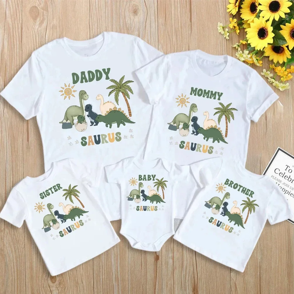 Cartoon Dinosaur Print Family Matching Outfits Tops Boy Birthday Party Family Look T-shirt Dad Mom Bro Sis Tee Shirt Baby Romper