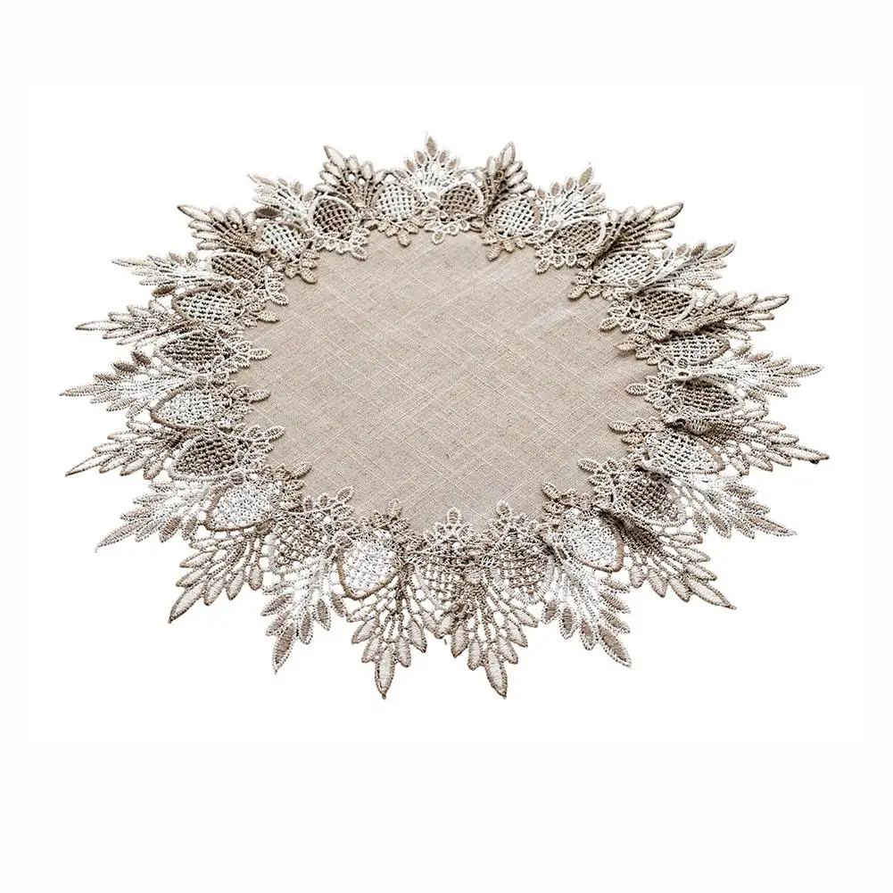 Beige Brown Round Placemat 39x39cm Polyester Fabric with 2 Inch Lace Trim for Dining Room Coffee Table Rustic Decor