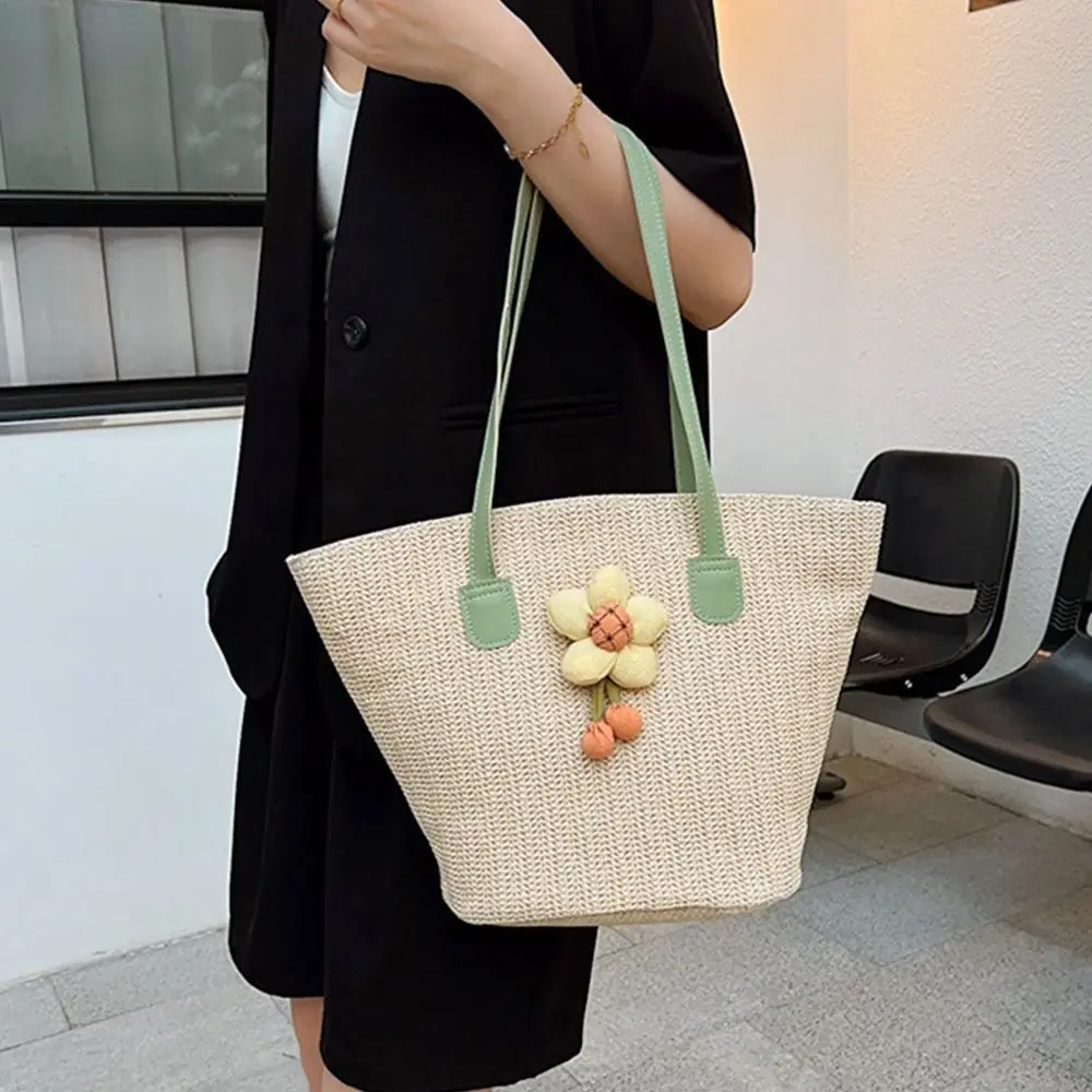 Beach Straw Shoulder Messenger Bag Women Bohemian Summer Woven Bucket Shoulder Handbag Handmade Crossbody Bags For Women