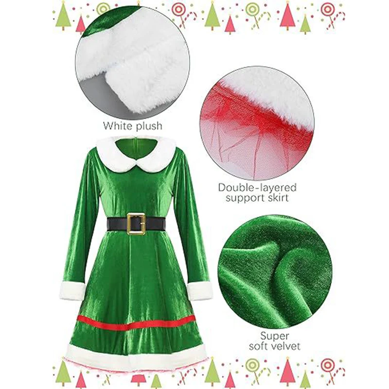 Disfraz de Papá Noel de Navidad para adultos, conjunto de ropa de Cosplay de elfo de Navidad verde para mujer, vestido elegante para fiesta de Carnaval y Año Nuevo, juego de rol