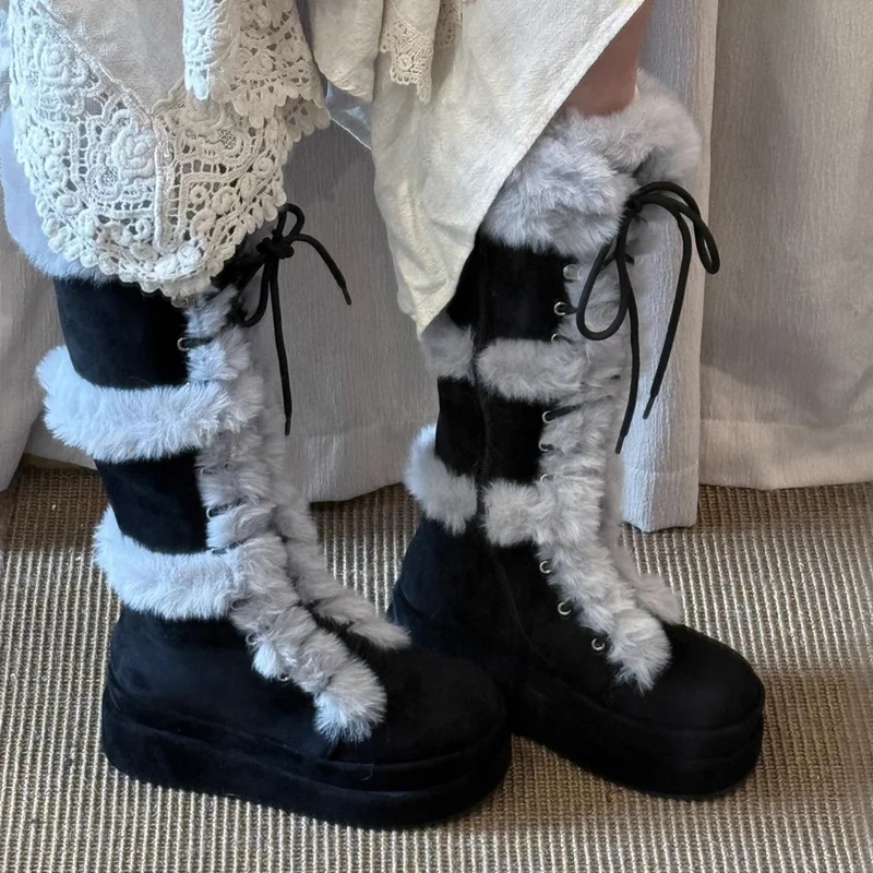 BANFANG Women's High Boots 6cm Autumn Winter New Platform Knee High Long Snow Boots High Quality Ladies Faux Fur Warm Shoes