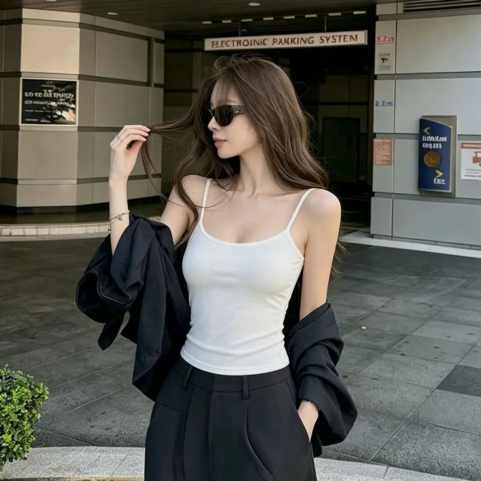 Pure Color Short Strap Vest Women Summer Korean Style Small Size Hide Side Breast Meat External Wear Spicy Girl Single Piece