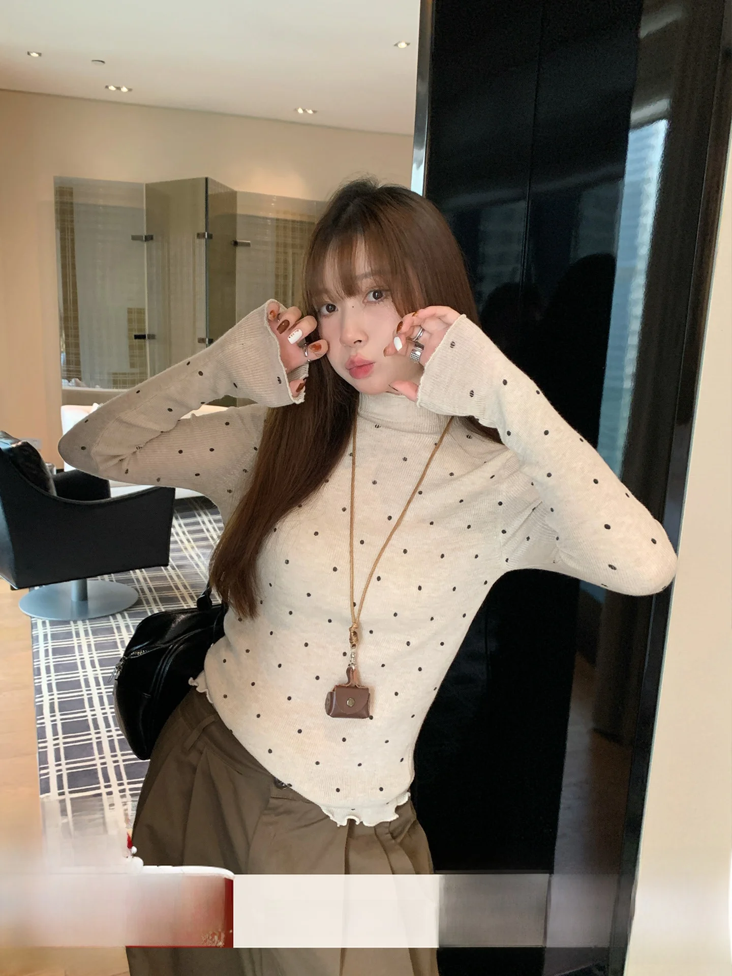 

Тонкий вязаный свитер с высоким воротником Susu San f для женщин, базовый слой, весна-осень, в горошек, мягкий, с длинными рукавами