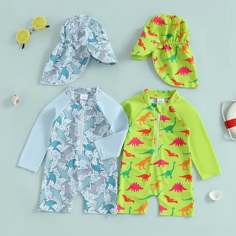 Infant Baby Boy Swimsuit Rash Guard Shark Print 1Piece Zipper Bathing Suit Swimwear UPF 50+ Beachwear with Swim Cap