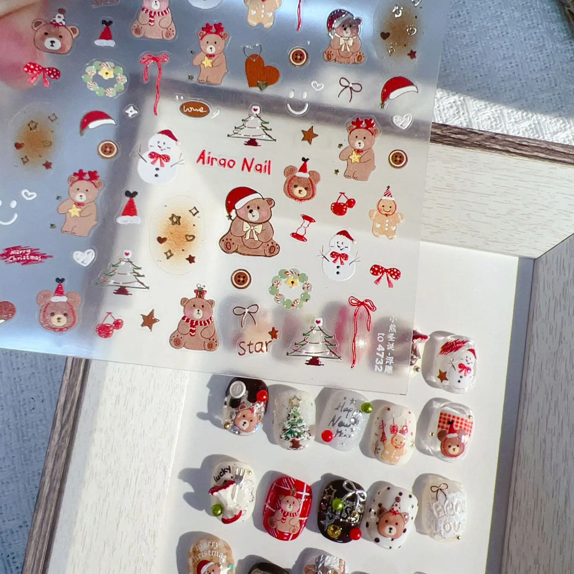 Nail Art Stickers Embossed Christmas Bear Japanese Cute Self Adhesive Film Decals DIY Manicure Decor Brown Lightweight for Kids