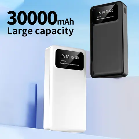 30000mAh portable high-capacity power bank with LED power display, 5V 2A output, 2 input and 2 output ports. Suitable for travel