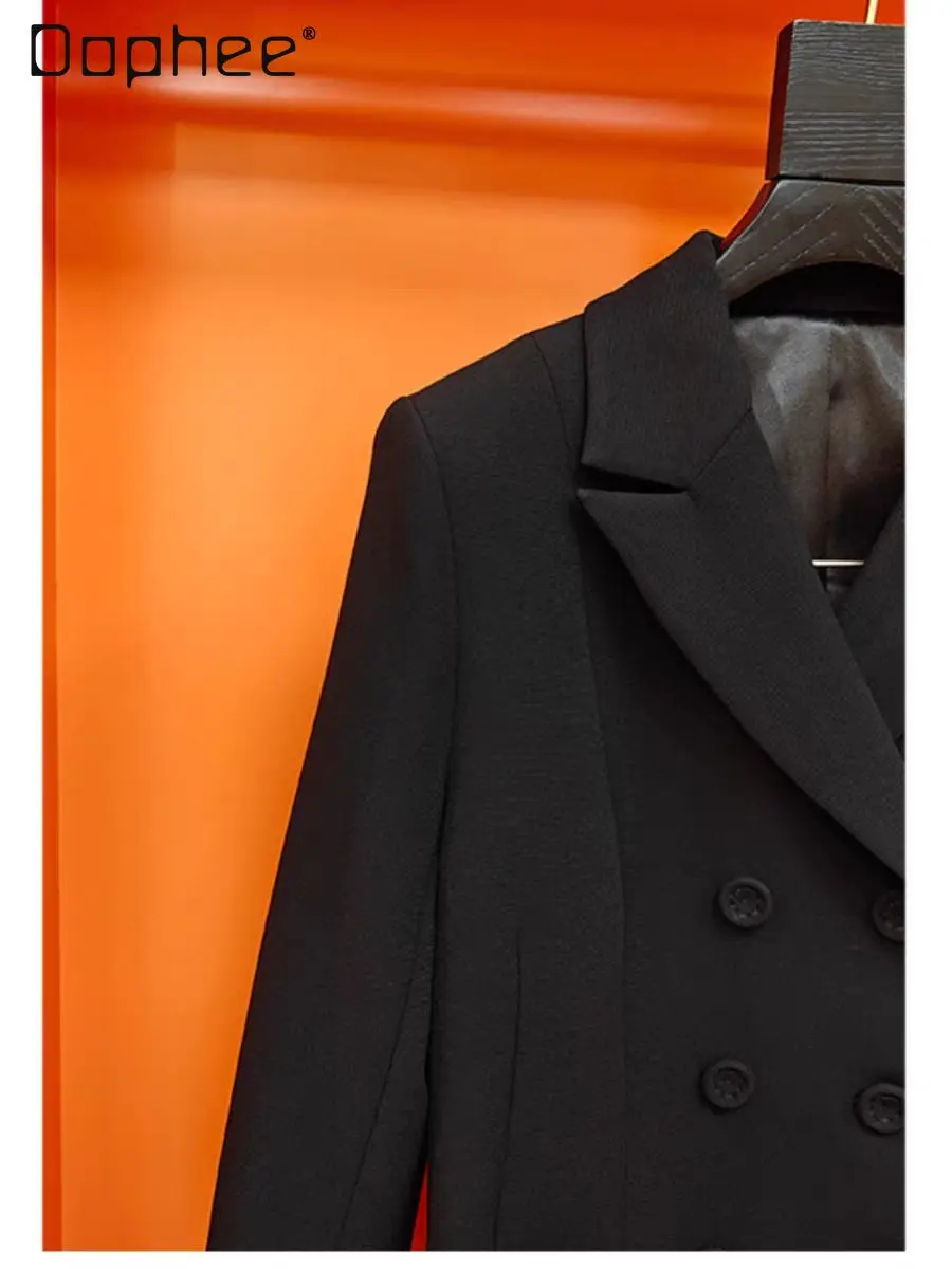 European Classic Elegant Fashion Slim Commuter Style Double-Breasted Solid Color Versatile Cross Collar Long Sleeve Blazer Coat