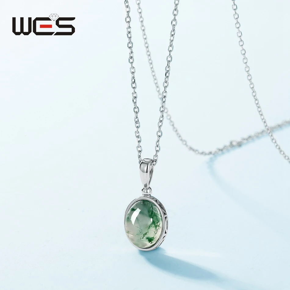 WES 925 Sterling Silver Pendant Necklace for Woman Round Natural Moss Agate 8*10mm Fashion Jewelry Wedding Party Gifts Gemstone