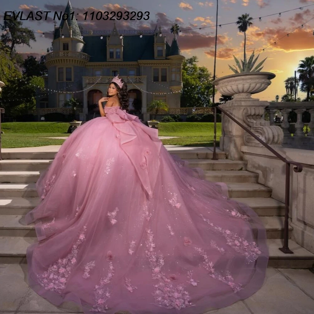

EVLAST Customized Pink Quinceanera Dress Ball Gown 3D Floral Applique Beading Bow Mexican Sweet 16 Vestidos De 15 Anos E1QN602