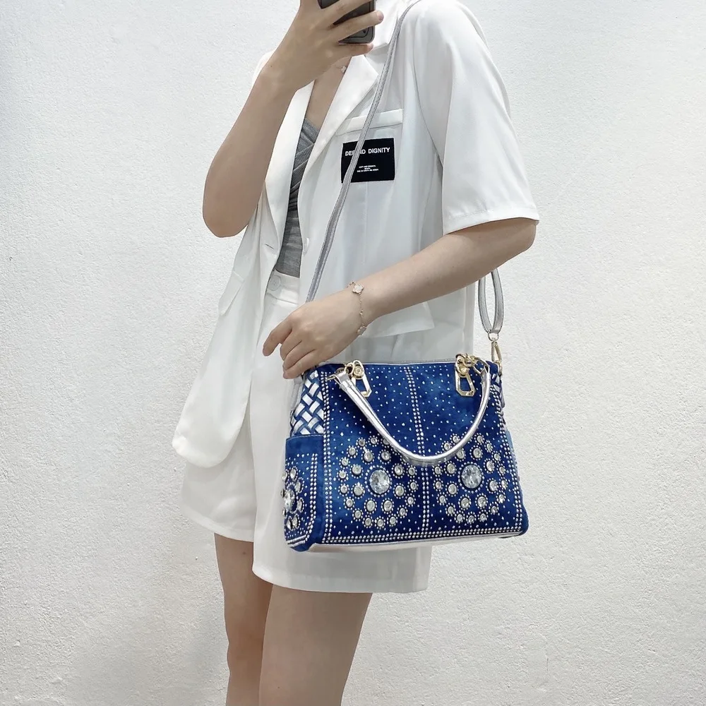 

Summer Fashion Bags for Women Handbag Large Denim Shoulder Bags Patchwork Jeans Style Large Capacity Crystal Woven Blue Bag