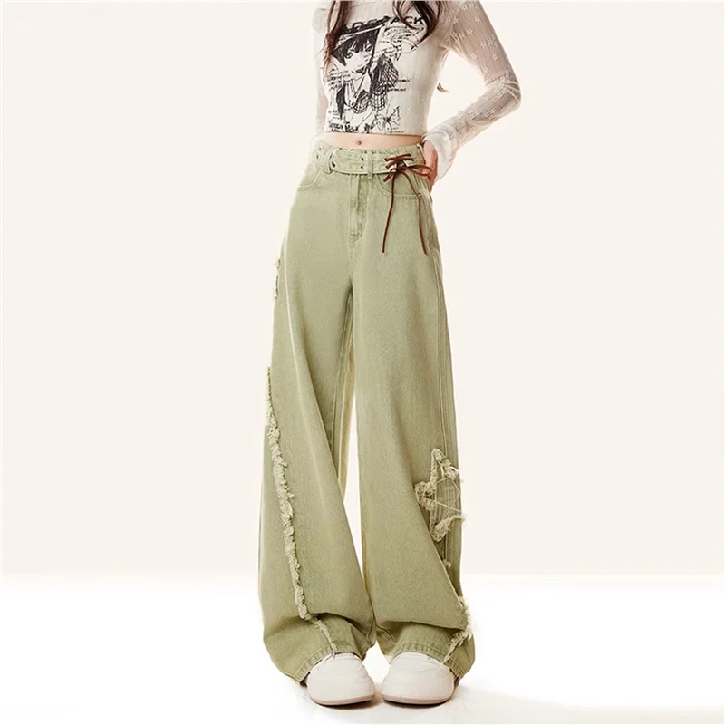 

Джинсы унисекс большого размера в американском стиле с вышивкой узелками, свободные, широкие, с эффектом драпировки, винтажный дизайн