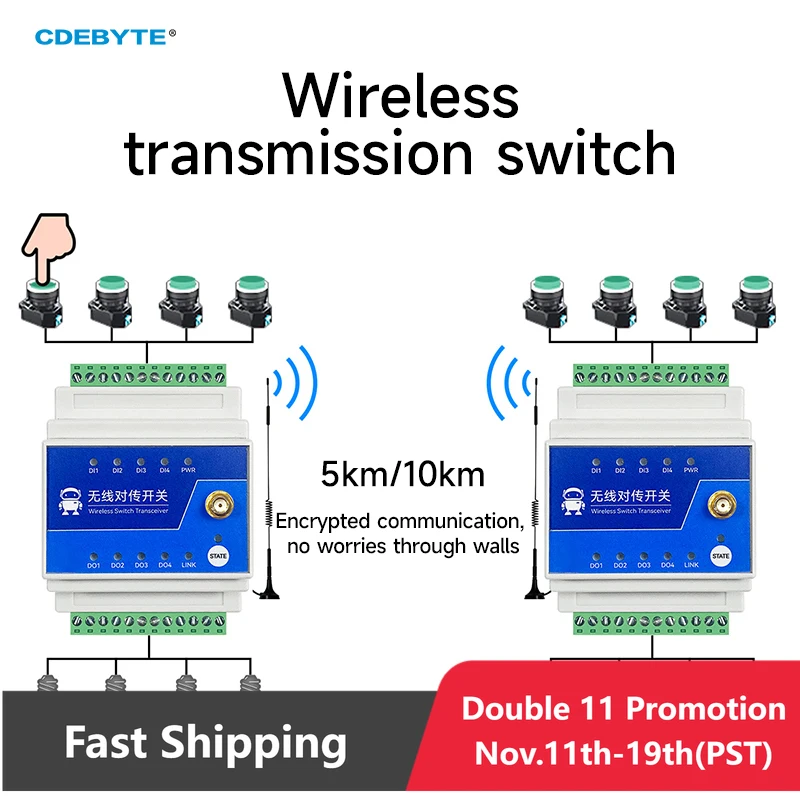 Wireless Remote Transmission 433MHz Switch 1/2/4/8-Way 5KM 10KM CDEBYTE E860-DTU Series Industrial Grade DC 8-28V