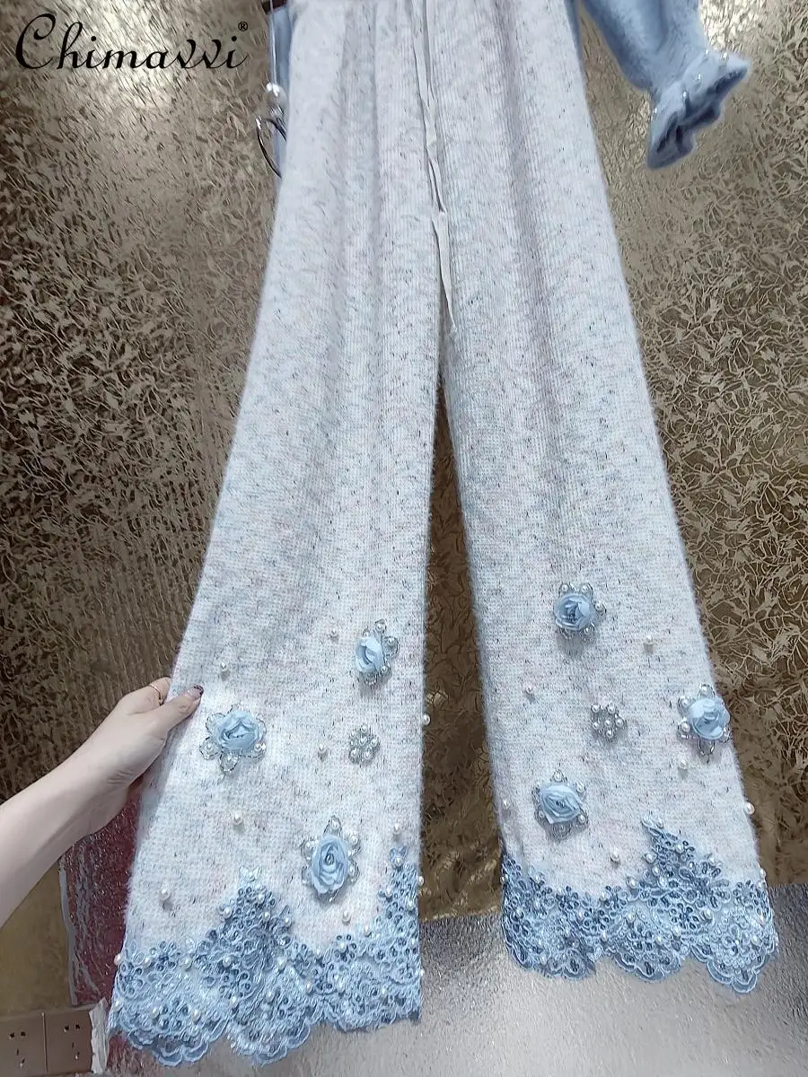 Heavy Lace Embroidered Sequined 3D Flower Plush Wide-leg Pants Winter New Fashion Loose Temperament Casual Straight-leg Pants