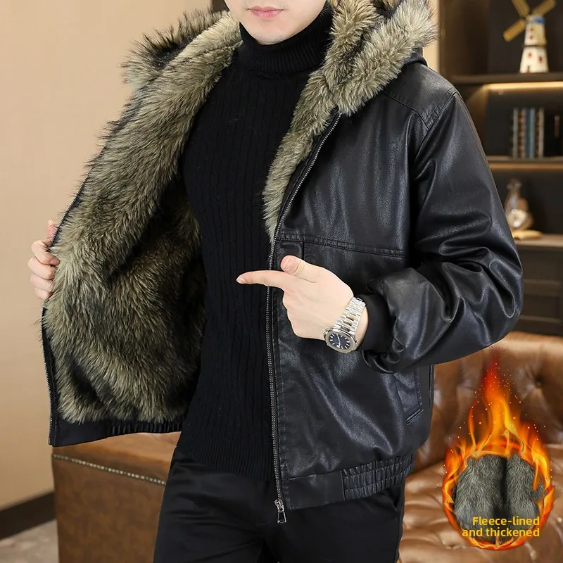 

2025 New PU Leather Jaet Men's Motorcycle Eagle Design Winter Bla Fce Lined Hooded Coat Waterproof Anti-soil