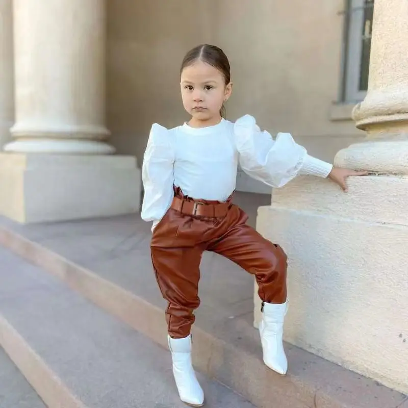 

Baby and Girls Set Spring and Autumn Fashionable Bubble Sleeves Long sleeved Top and Pants 2-piece Children's PU Pants Set