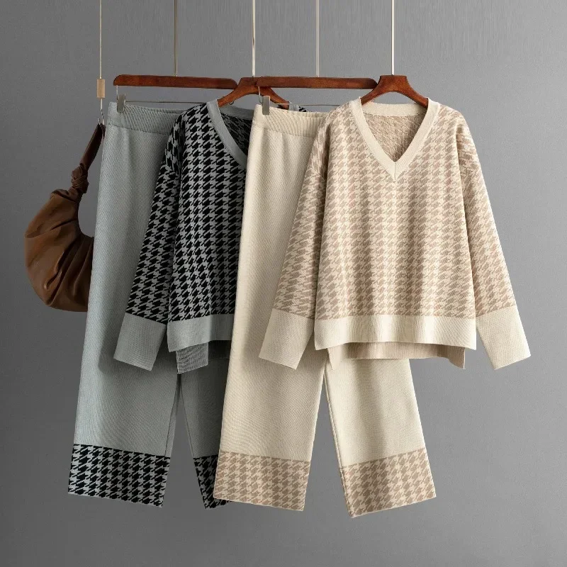 

Autumn Fashion Houndstooth V-neck Sweater Suit Winter New Casual V-neck Pullovers Knitted Wide Leg Pants Women Two-piece Sets