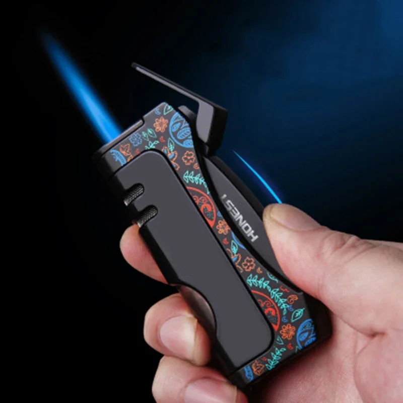 

2025 HONEST Windproof Metal Butane Gas Lighter Turbine Torch Blue Flame Straight Shot Gun Cigar Tool for Men Outdoor Gift