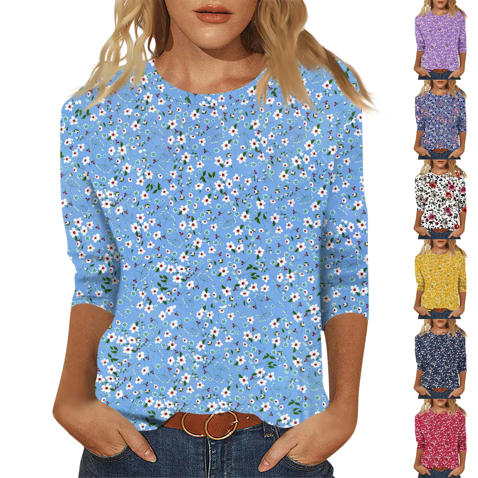 Damska koszulka retro z kwiatowym nadrukiem, rękaw siedem ósmych, modny top, Camiseta Mujer, odzież damska, Playeras De Mujeres, 여성 여름 옷