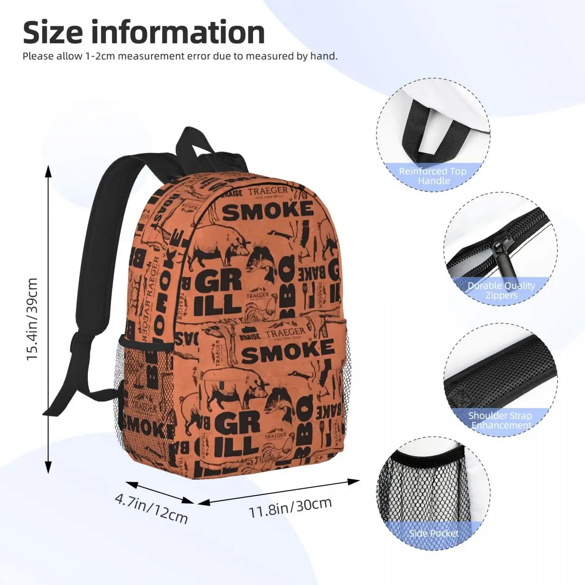 Traeger BBQ Smoker Butcher Pattern Backpacks Boys Girls Bookbag Casual Students School Bags Travel Rucksack Shoulder Bag