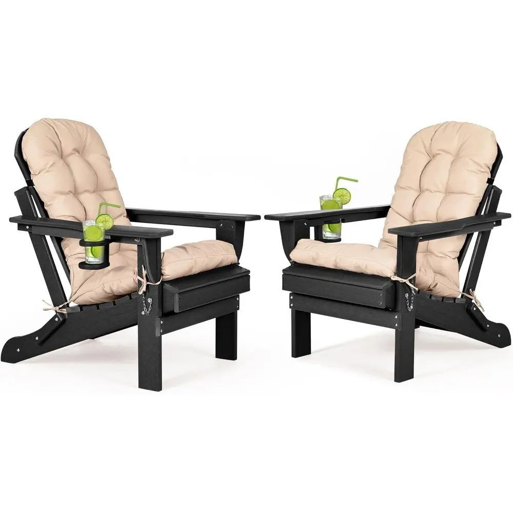 

olding Adirondack Chairs Set o 2 with Cushions and Cup Holder, HDPE Plastic Oversized Patio Chair Weather Resistant, Used in Out